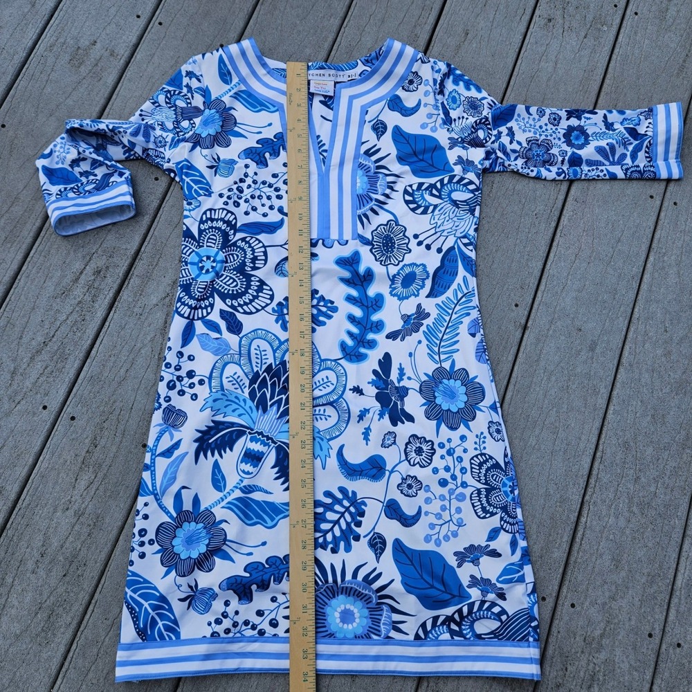 Gretchen Scott Womens Blue White Floral Split Neck 3/4 Sleeve Shift Dress Size M - Picture 7 of 10